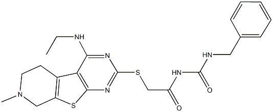 N-benzyl-N'-({[4-(ethylamino)-7-methyl-5,6,7,8-tetrahydropyrido[4',3':4,5]thieno[2,3-d]pyrimidin-2-yl]sulfanyl}acetyl)urea Struktur