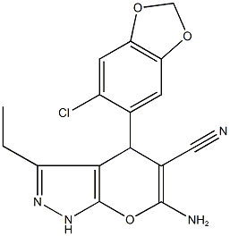 6-amino-4-(6-chloro-1,3-benzodioxol-5-yl)-3-ethyl-1,4-dihydropyrano[2,3-c]pyrazole-5-carbonitrile Struktur