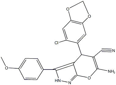 6-amino-4-(6-chloro-1,3-benzodioxol-5-yl)-3-(4-methoxyphenyl)-2,4-dihydropyrano[2,3-c]pyrazole-5-carbonitrile Struktur