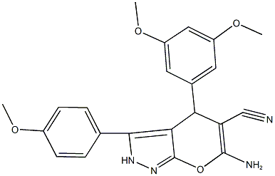 6-amino-4-(3,5-dimethoxyphenyl)-3-(4-methoxyphenyl)-2,4-dihydropyrano[2,3-c]pyrazole-5-carbonitrile Struktur