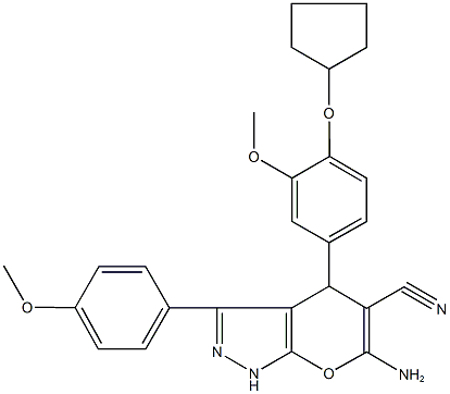 6-amino-4-[4-(cyclopentyloxy)-3-methoxyphenyl]-3-(4-methoxyphenyl)-1,4-dihydropyrano[2,3-c]pyrazole-5-carbonitrile Struktur