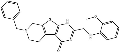 7-benzyl-2-[(2-methoxyanilino)methyl]-5,6,7,8-tetrahydropyrido[4',3':4,5]thieno[2,3-d]pyrimidin-4(3H)-one Struktur