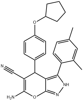 6-amino-4-[4-(cyclopentyloxy)phenyl]-3-(2,4-dimethylphenyl)-2,4-dihydropyrano[2,3-c]pyrazole-5-carbonitrile Struktur