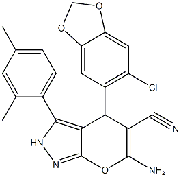 6-amino-4-(6-chloro-1,3-benzodioxol-5-yl)-3-(2,4-dimethylphenyl)-2,4-dihydropyrano[2,3-c]pyrazole-5-carbonitrile Struktur