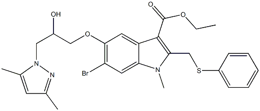 ethyl 6-bromo-5-[3-(3,5-dimethyl-1H-pyrazol-1-yl)-2-hydroxypropoxy]-1-methyl-2-[(phenylsulfanyl)methyl]-1H-indole-3-carboxylate Struktur