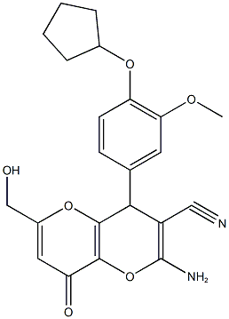 2-amino-4-[4-(cyclopentyloxy)-3-methoxyphenyl]-6-(hydroxymethyl)-8-oxo-4,8-dihydropyrano[3,2-b]pyran-3-carbonitrile Struktur