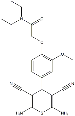 2-[4-(2,6-diamino-3,5-dicyano-4H-thiopyran-4-yl)-2-methoxyphenoxy]-N,N-diethylacetamide Struktur