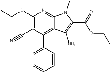 ethyl 3-amino-5-cyano-6-ethoxy-1-methyl-4-phenyl-1H-pyrrolo[2,3-b]pyridine-2-carboxylate Struktur