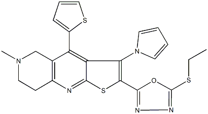 ethyl 5-[6-methyl-3-(1H-pyrrol-1-yl)-4-(2-thienyl)-5,6,7,8-tetrahydrothieno[2,3-b][1,6]naphthyridin-2-yl]-1,3,4-oxadiazol-2-yl sulfide Struktur