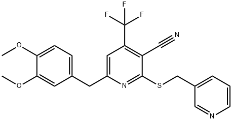 6-(3,4-dimethoxybenzyl)-2-[(3-pyridinylmethyl)sulfanyl]-4-(trifluoromethyl)nicotinonitrile Struktur