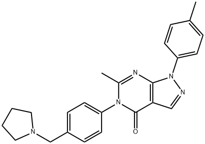 6-methyl-1-(4-methylphenyl)-5-[4-(1-pyrrolidinylmethyl)phenyl]-1,5-dihydro-4H-pyrazolo[3,4-d]pyrimidin-4-one Struktur