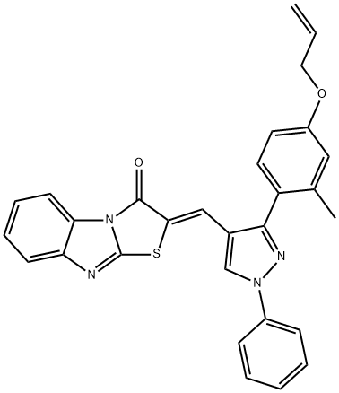 2-({3-[4-(allyloxy)-2-methylphenyl]-1-phenyl-1H-pyrazol-4-yl}methylene)[1,3]thiazolo[3,2-a]benzimidazol-3(2H)-one Struktur