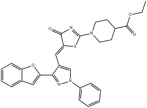 ethyl 1-(5-{[3-(1-benzofuran-2-yl)-1-phenyl-1H-pyrazol-4-yl]methylene}-4-oxo-4,5-dihydro-1,3-thiazol-2-yl)-4-piperidinecarboxylate Struktur