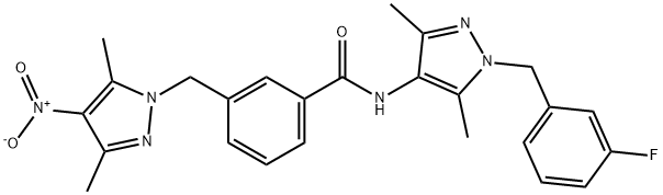 N-[1-(3-fluorobenzyl)-3,5-dimethyl-1H-pyrazol-4-yl]-3-({4-nitro-3,5-dimethyl-1H-pyrazol-1-yl}methyl)benzamide Struktur