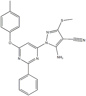 5-amino-1-[6-(4-methylphenoxy)-2-phenyl-4-pyrimidinyl]-3-(methylsulfanyl)-1H-pyrazole-4-carbonitrile Struktur