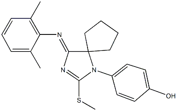 4-[4-[(2,6-dimethylphenyl)imino]-2-(methylsulfanyl)-1,3-diazaspiro[4.4]non-2-en-1-yl]phenol Struktur