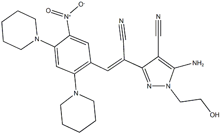 5-amino-3-{1-cyano-2-[5-nitro-2,4-di(1-piperidinyl)phenyl]vinyl}-1-(2-hydroxyethyl)-1H-pyrazole-4-carbonitrile Struktur