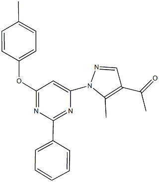 1-{5-methyl-1-[6-(4-methylphenoxy)-2-phenyl-4-pyrimidinyl]-1H-pyrazol-4-yl}ethanone Struktur