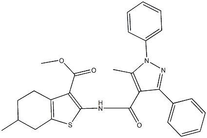 methyl 6-methyl-2-{[(5-methyl-1,3-diphenyl-1H-pyrazol-4-yl)carbonyl]amino}-4,5,6,7-tetrahydro-1-benzothiophene-3-carboxylate Struktur