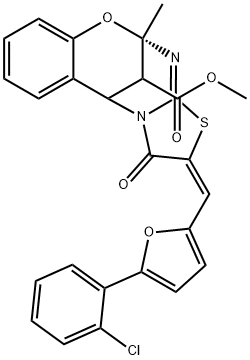 methyl (9S,13E)-13-{[5-(2-chlorophenyl)-2-furyl]methylene}-9-methyl-14-oxo-8-oxa-12-thia-10,15-diazatetracyclo[7.6.1.0~2,7~.0~11,15~]hexadeca-2,4,6,10-tetraene-16-carboxylate Struktur