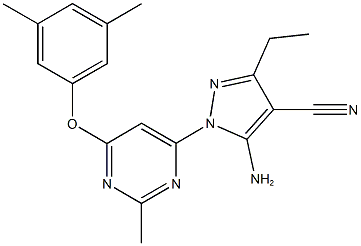 5-amino-1-[6-(3,5-dimethylphenoxy)-2-methyl-4-pyrimidinyl]-3-ethyl-1H-pyrazole-4-carbonitrile Struktur