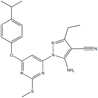 5-amino-3-ethyl-1-[6-(4-isopropylphenoxy)-2-(methylsulfanyl)-4-pyrimidinyl]-1H-pyrazole-4-carbonitrile Struktur