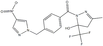 1-[4-({4-nitro-1H-pyrazol-1-yl}methyl)benzoyl]-3-methyl-5-(trifluoromethyl)-4,5-dihydro-1H-pyrazol-5-ol Struktur