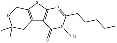 3-amino-6,6-dimethyl-2-pentyl-3,5,6,8-tetrahydro-4H-pyrano[4',3':4,5]thieno[2,3-d]pyrimidin-4-one Struktur