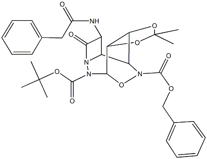 13-benzyl 6-tert-butyl 10,10-dimethyl-4-oxo-3-[(phenylacetyl)amino]-9,11,14-trioxa-5,6,13-triazatetracyclo[5.5.2.0~2,5~.0~8,12~]tetradecane-6,13-dicarboxylate Struktur