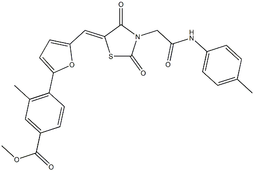 methyl 4-[5-({2,4-dioxo-3-[2-oxo-2-(4-toluidino)ethyl]-1,3-thiazolidin-5-ylidene}methyl)-2-furyl]-3-methylbenzoate Struktur