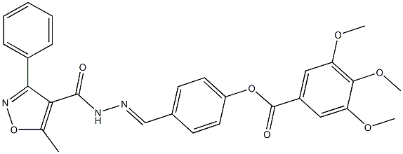 4-{2-[(5-methyl-3-phenyl-4-isoxazolyl)carbonyl]carbohydrazonoyl}phenyl 3,4,5-trimethoxybenzoate Struktur