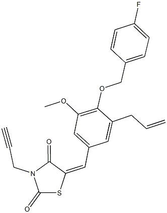 5-{3-allyl-4-[(4-fluorobenzyl)oxy]-5-methoxybenzylidene}-3-(2-propynyl)-1,3-thiazolidine-2,4-dione Struktur