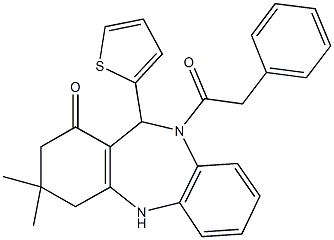 3,3-dimethyl-10-(phenylacetyl)-11-(2-thienyl)-2,3,4,5,10,11-hexahydro-1H-dibenzo[b,e][1,4]diazepin-1-one Struktur