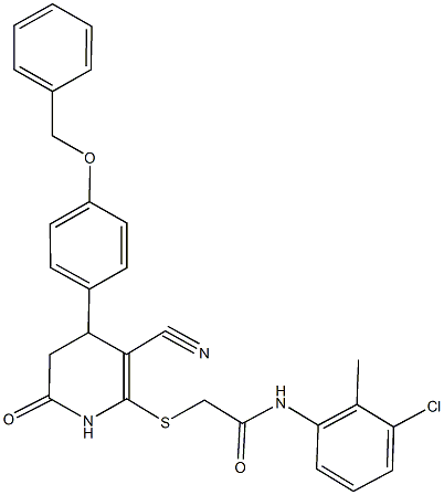 2-({4-[4-(benzyloxy)phenyl]-3-cyano-6-oxo-1,4,5,6-tetrahydropyridin-2-yl}sulfanyl)-N-(3-chloro-2-methylphenyl)acetamide Struktur