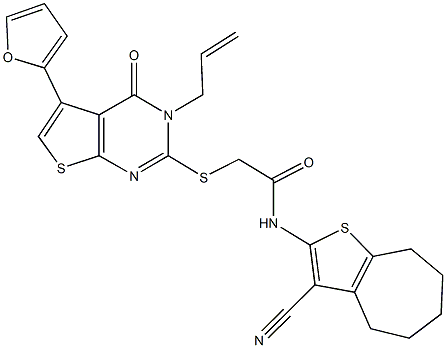 2-{[3-allyl-5-(2-furyl)-4-oxo-3,4-dihydrothieno[2,3-d]pyrimidin-2-yl]sulfanyl}-N-(3-cyano-5,6,7,8-tetrahydro-4H-cyclohepta[b]thien-2-yl)acetamide Struktur