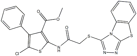 methyl 5-chloro-4-phenyl-2-{[([1,2,4]triazolo[3,4-b][1,3]benzothiazol-3-ylsulfanyl)acetyl]amino}-3-thiophenecarboxylate Struktur