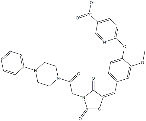 5-[4-({5-nitro-2-pyridinyl}oxy)-3-methoxybenzylidene]-3-[2-oxo-2-(4-phenyl-1-piperazinyl)ethyl]-1,3-thiazolidine-2,4-dione Struktur