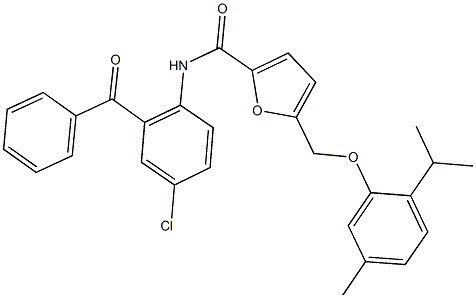 N-(2-benzoyl-4-chlorophenyl)-5-[(2-isopropyl-5-methylphenoxy)methyl]-2-furamide Struktur