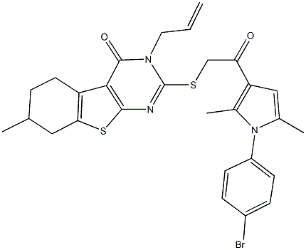 3-allyl-2-({2-[1-(4-bromophenyl)-2,5-dimethyl-1H-pyrrol-3-yl]-2-oxoethyl}sulfanyl)-7-methyl-5,6,7,8-tetrahydro[1]benzothieno[2,3-d]pyrimidin-4(3H)-one Struktur