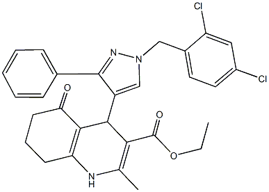 ethyl 4-[1-(2,4-dichlorobenzyl)-3-phenyl-1H-pyrazol-4-yl]-2-methyl-5-oxo-1,4,5,6,7,8-hexahydro-3-quinolinecarboxylate Struktur