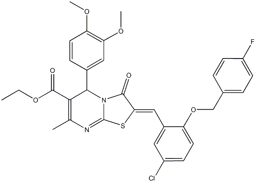 ethyl 2-{5-chloro-2-[(4-fluorobenzyl)oxy]benzylidene}-5-(3,4-dimethoxyphenyl)-7-methyl-3-oxo-2,3-dihydro-5H-[1,3]thiazolo[3,2-a]pyrimidine-6-carboxylate Struktur