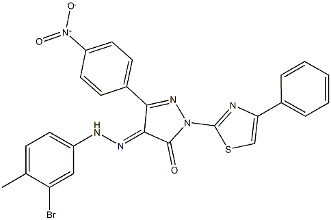 3-{4-nitrophenyl}-1-(4-phenyl-1,3-thiazol-2-yl)-1H-pyrazole-4,5-dione 4-[(3-bromo-4-methylphenyl)hydrazone] Struktur