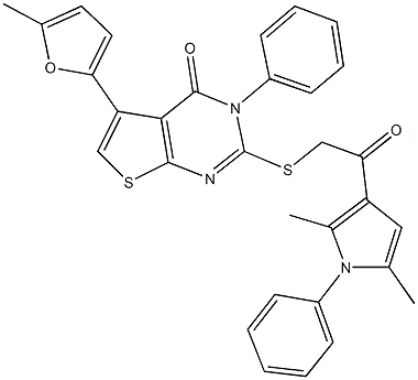 2-{[2-(2,5-dimethyl-1-phenyl-1H-pyrrol-3-yl)-2-oxoethyl]sulfanyl}-5-(5-methyl-2-furyl)-3-phenylthieno[2,3-d]pyrimidin-4(3H)-one Struktur