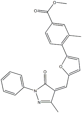 methyl 3-methyl-4-{5-[(3-methyl-5-oxo-1-phenyl-1,5-dihydro-4H-pyrazol-4-ylidene)methyl]-2-furyl}benzoate Struktur