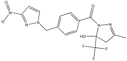 1-[4-({3-nitro-1H-pyrazol-1-yl}methyl)benzoyl]-3-methyl-5-(trifluoromethyl)-4,5-dihydro-1H-pyrazol-5-ol Struktur