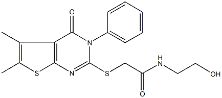 2-[(5,6-dimethyl-4-oxo-3-phenyl-3,4-dihydrothieno[2,3-d]pyrimidin-2-yl)sulfanyl]-N-(2-hydroxyethyl)acetamide Struktur