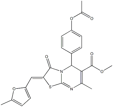 methyl 5-[4-(acetyloxy)phenyl]-7-methyl-2-[(5-methyl-2-furyl)methylene]-3-oxo-2,3-dihydro-5H-[1,3]thiazolo[3,2-a]pyrimidine-6-carboxylate Struktur