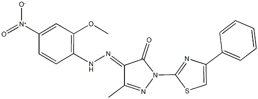 3-methyl-1-(4-phenyl-1,3-thiazol-2-yl)-1H-pyrazole-4,5-dione 4-({4-nitro-2-methoxyphenyl}hydrazone) Struktur