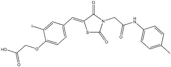 [4-({2,4-dioxo-3-[2-oxo-2-(4-toluidino)ethyl]-1,3-thiazolidin-5-ylidene}methyl)-2-iodophenoxy]acetic acid Struktur