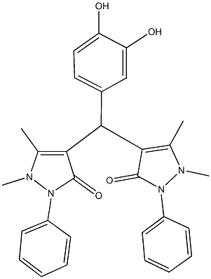 4-[(3,4-dihydroxyphenyl)(1,5-dimethyl-3-oxo-2-phenyl-2,3-dihydro-1H-pyrazol-4-yl)methyl]-1,5-dimethyl-2-phenyl-1,2-dihydro-3H-pyrazol-3-one Struktur